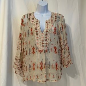 Lucky Brand Women’s Size Large Sheer V Neck Aztec Pattern Blouse Loose Shirt